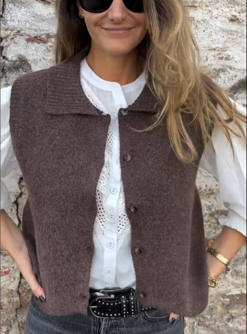 Damen Strickweste Klassischer Kragen Knopfdetails Beige