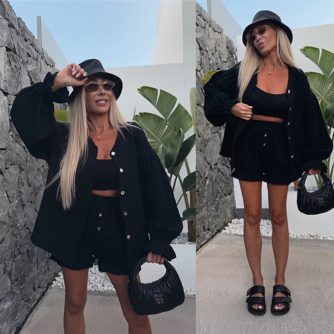 Damen Kurz Hose Bluse Set Rüschendetails