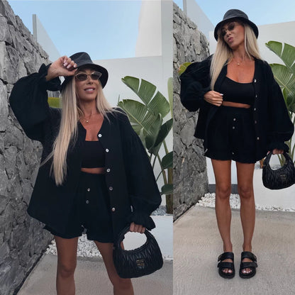 Damen Kurz Hose Bluse Set Rüschendetails