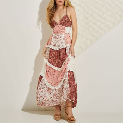 Damen Maxikleid mit Rüschen und Blumen-Patchwork-Design - Norvielle