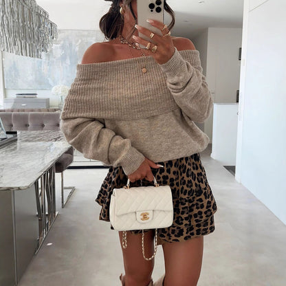 Damen Off-Shoulder Pullover Weiches Strickmaterial Rippdetails Beige