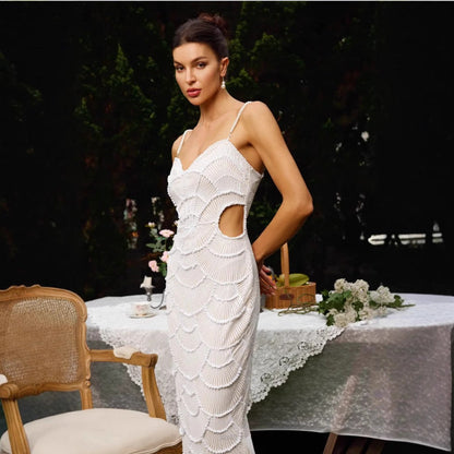 Damen Midi-Kleid Rücken Cut-Outs Wellendesign Norvielle