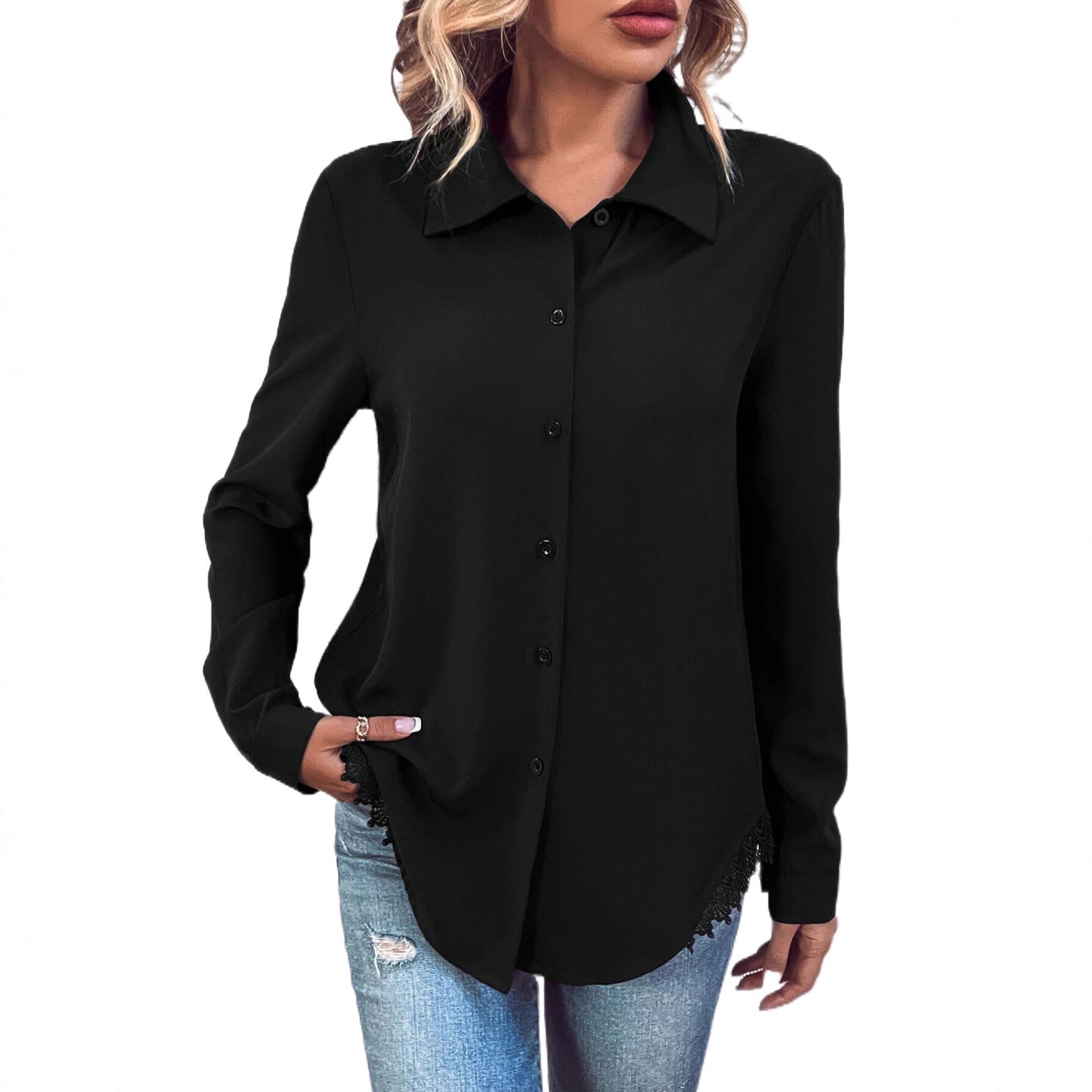 Damen Bluse Spitze Knopfleiste Norvielle