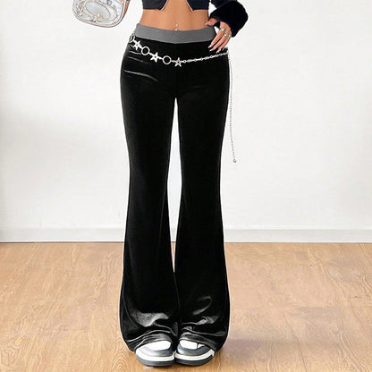 Damen Samt-Hose Flare elastischer Bund schwarz