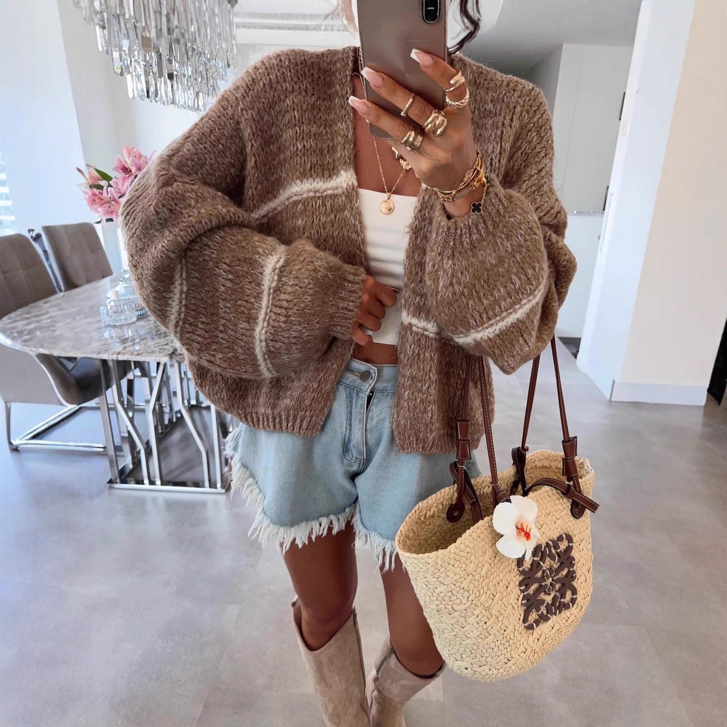 Damen Strickjacke Oversized Modern Details Beige