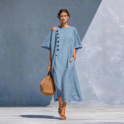 Damen Oversize Langarmkleid Asymmetrischer Ausschnitt Knöpfe