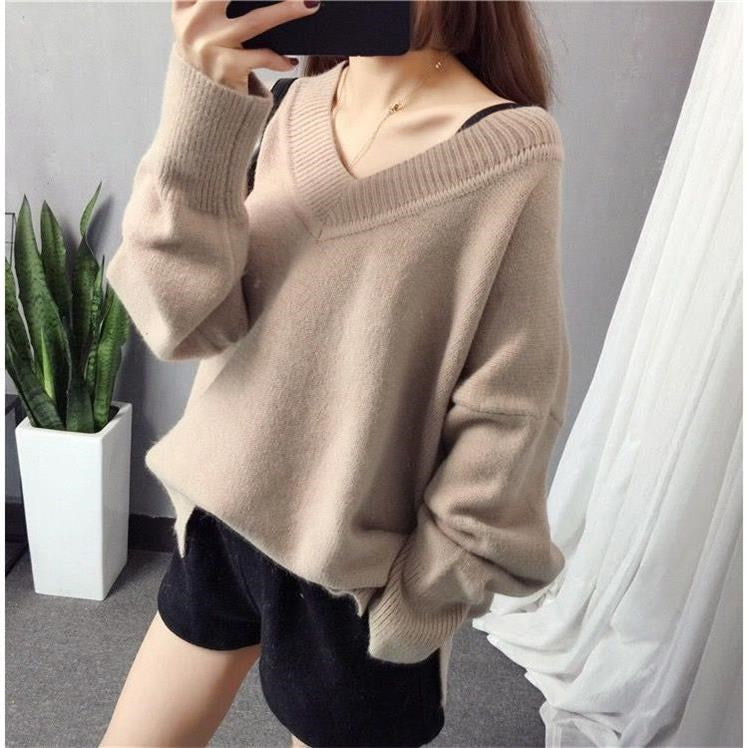 Damen V-Ausschnitt Pullover Grobgestrickt Oversized Ärmel Beige