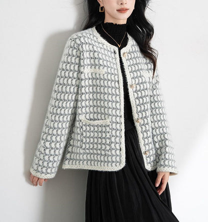 Damen Strickjacke Strukturiertes Muster Knöpfe Beige