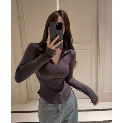 Damen Langärmliges Oberteil Moderner Kragen Slim Fit