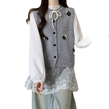 Damen Strickjacke Blumenapplikationen Bindeverschluss Beige