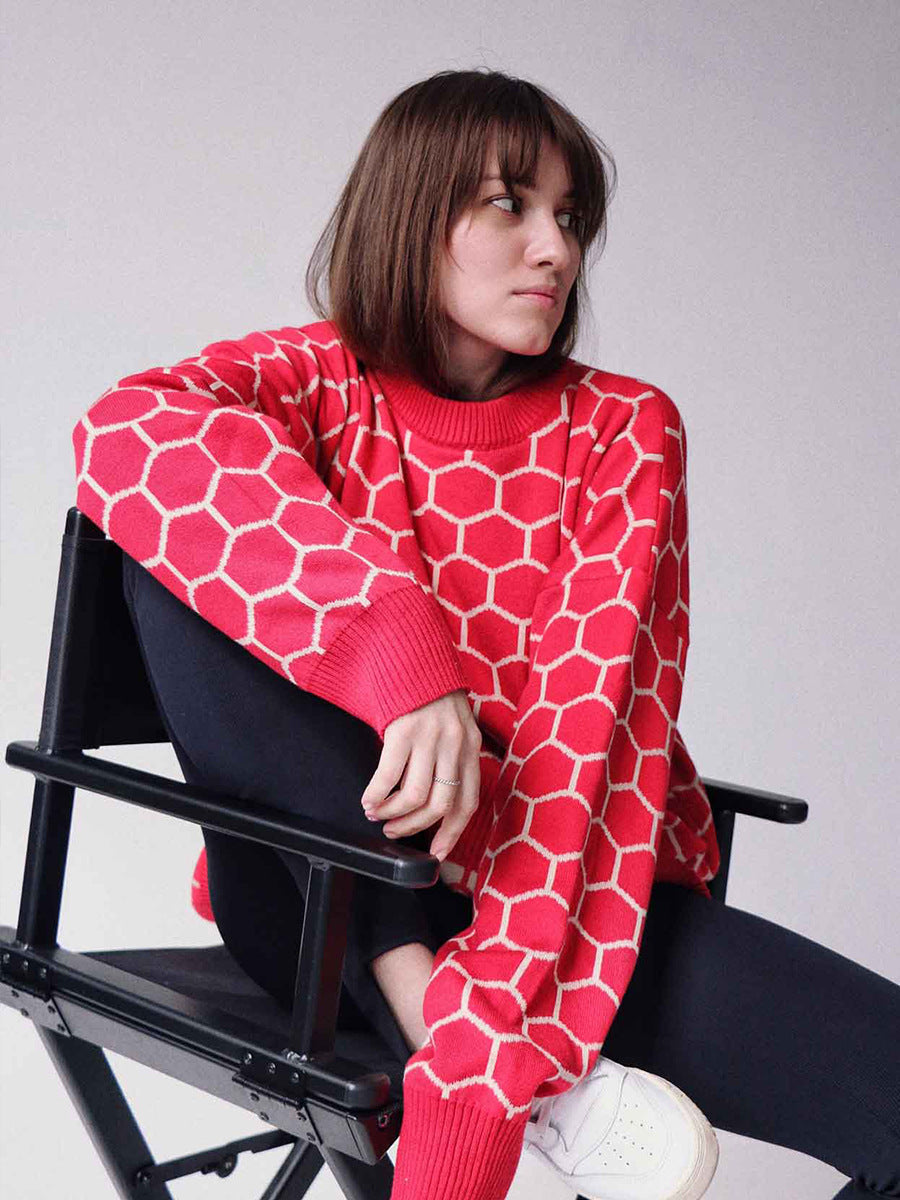 Damen Sweatshirt Gemusterter Wabenmuster Locker Norvielle