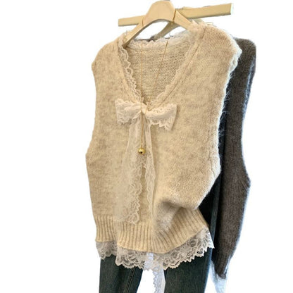 Damen Strickweste Spitzenkragen Bogen
