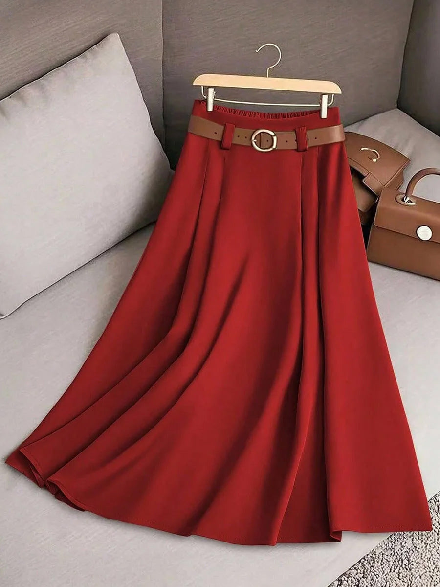 Damen Faltenrock Weit Geschnitten Gürtelapplikation Elegant