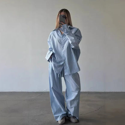 Damen Zweiteiler-Set Weite Hosen Gestreiftes Hemd