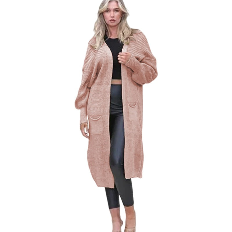 Damen Grobstrick Cardigan Offene Taschen Lässig Beige