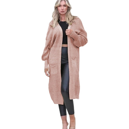 Damen Grobstrick Cardigan Offene Taschen Lässig Beige