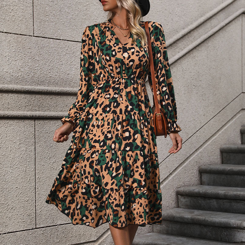 Damen Midi-Kleid Leopardendruck Voluminöser Rock - Norvielle