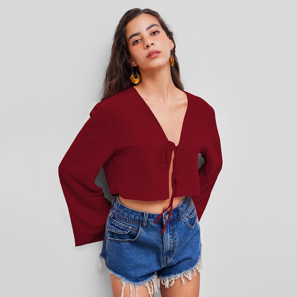 Damen Oberteil V-Ausschnitt Crop- mit Knoten Norvielle - Norvielle