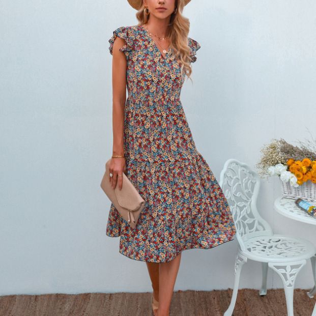 Damen A-Linien Kleid mit Rüschenärmeln und Blumenmuster