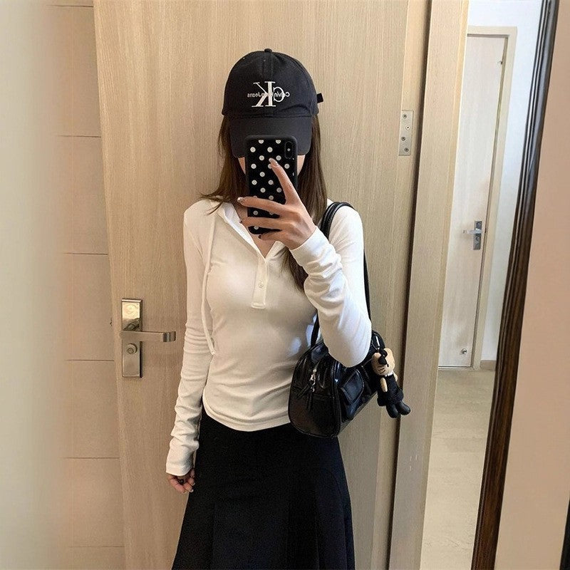 Damen Langarm Poloshirt Eleganter Kragen Baumwolle Weiß