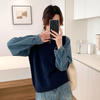 Damen Strickpullover Denim Ärmel Norvielle