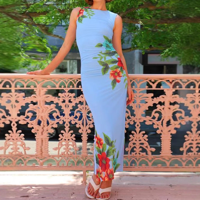 Damen Maxikleid Floralmuster Figurbetont Raffungsausschnitt - Norvielle