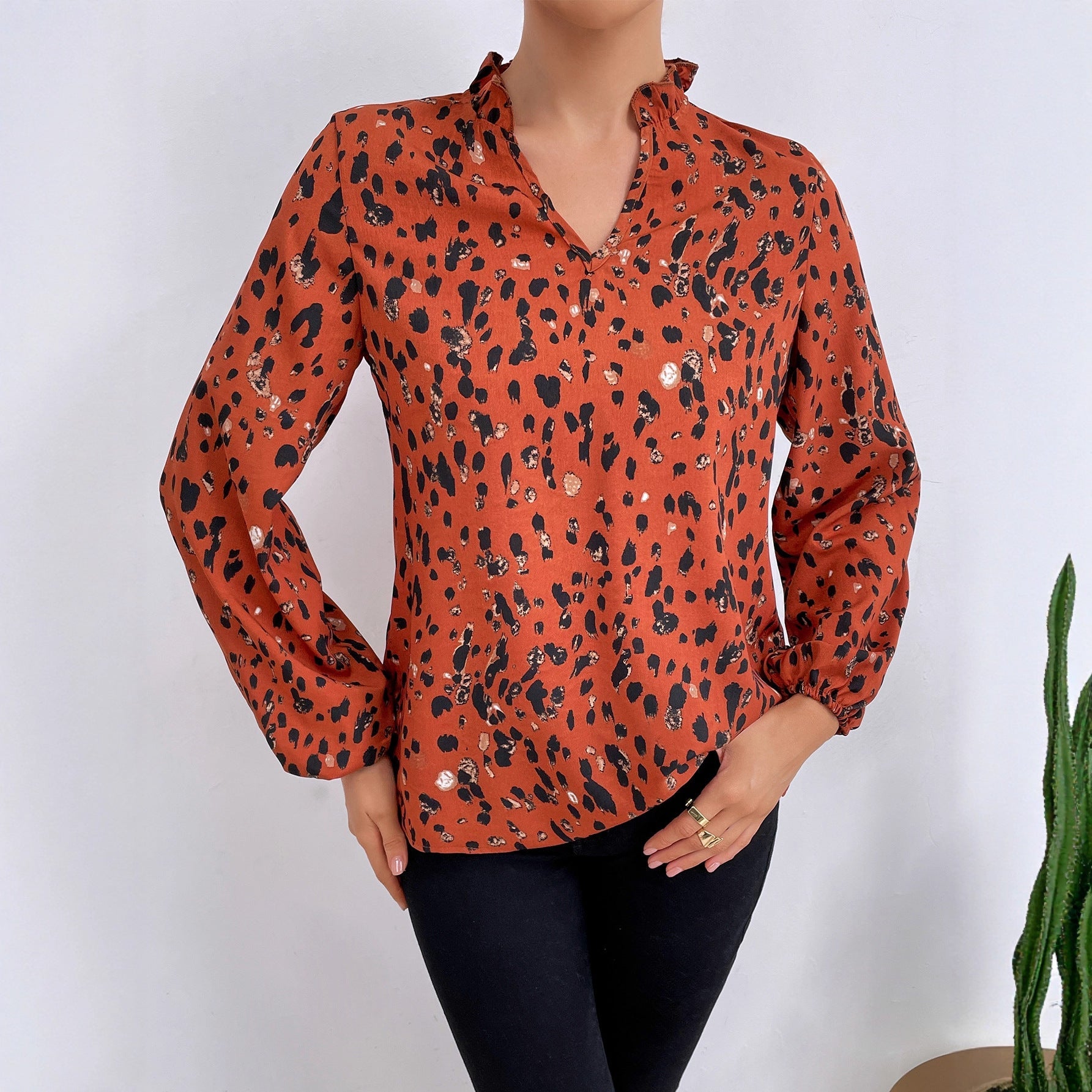 Damen Bluse Leopardenmuster Voluminöse Ärmel - Norvielle