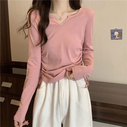Damen Langarmshirt V-Ausschnitt Raffung Norvielle
