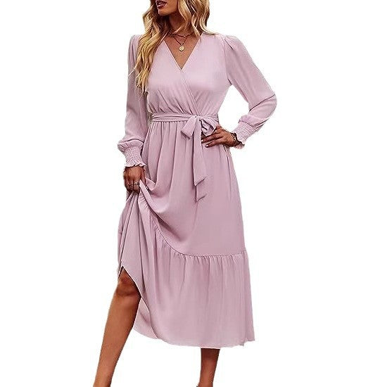 Damen Midi-Kleid V-Ausschnitt Bindegürtel Elegantes Kleid