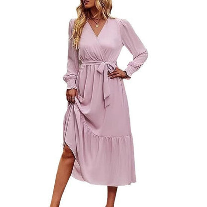 Damen Midi-Kleid V-Ausschnitt Bindegürtel Elegantes Kleid