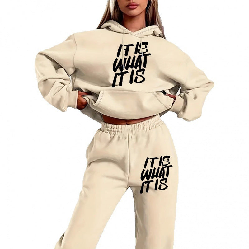 Damen Hoodie Jogginghose Set Baumwolle Mit Schriftzug Anthrazit