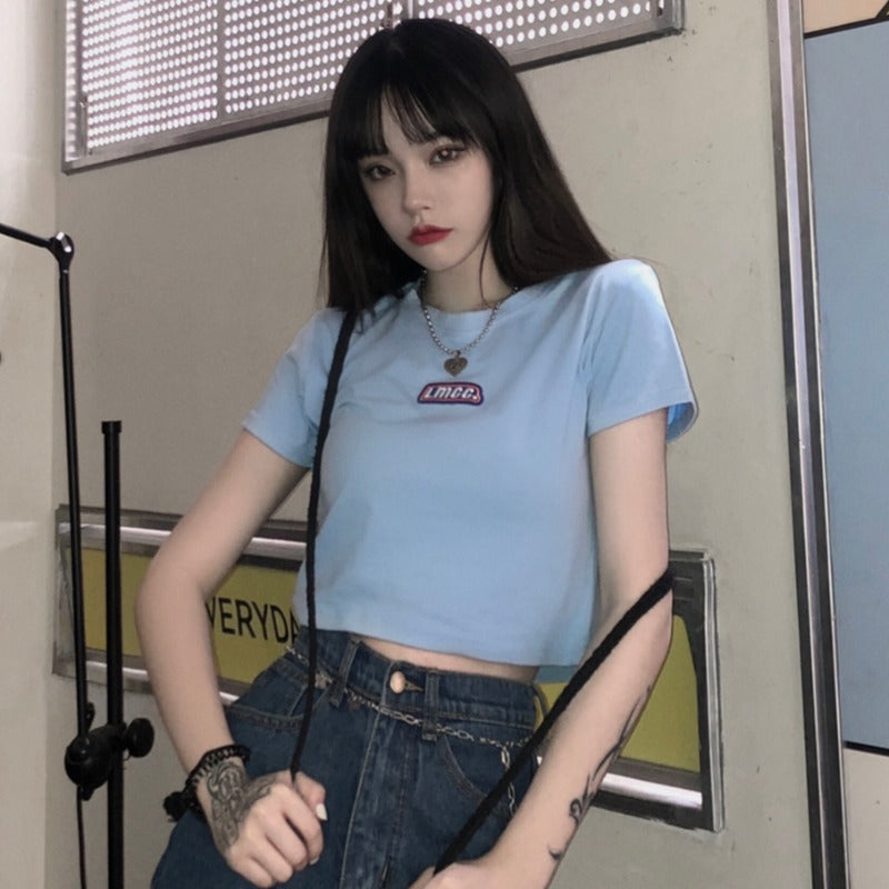 Damen T-Shirt Cropped Logo-Design Figurbetont Weiß