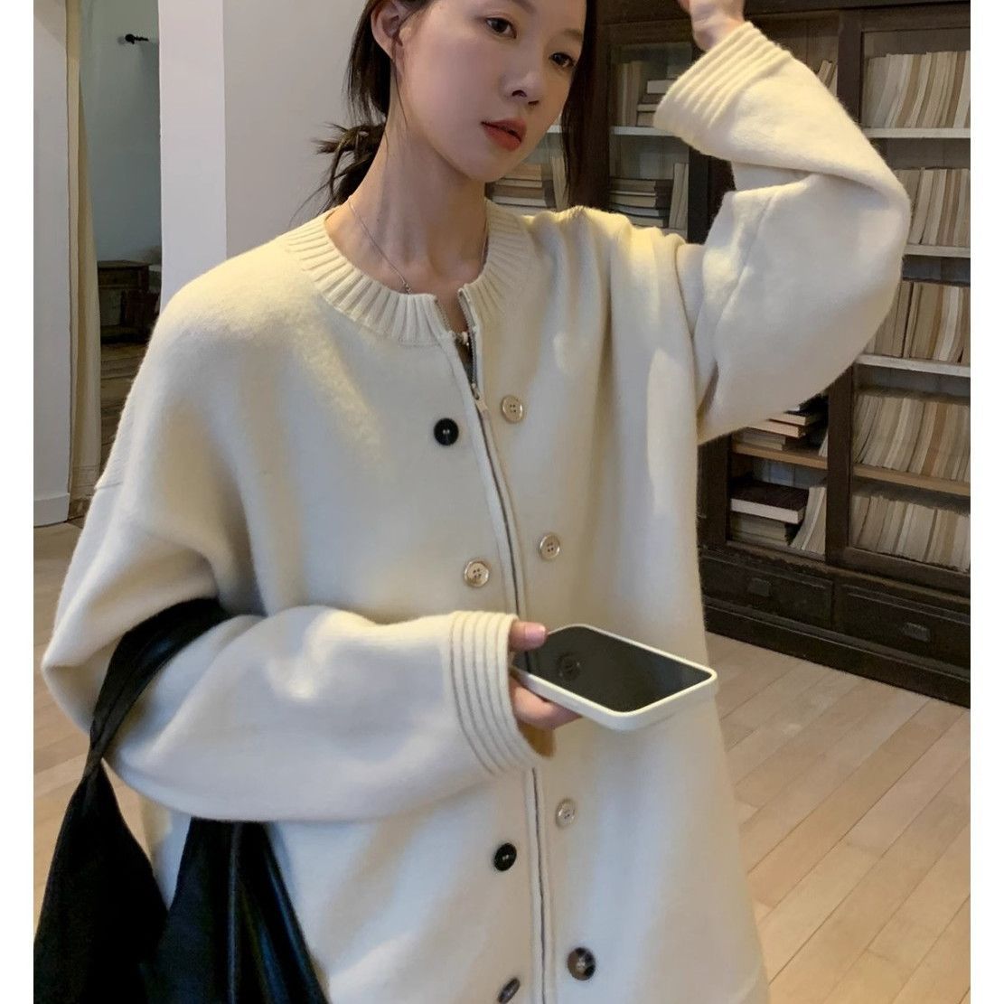 Damen Strickjacke Klassisch Gemütlich Beige