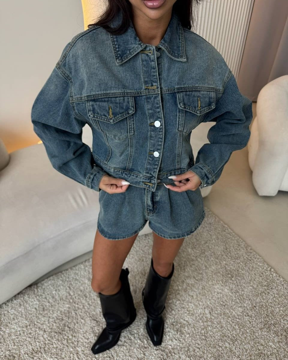 Damen Denimjacke Kurzärmelig Mit Shorts