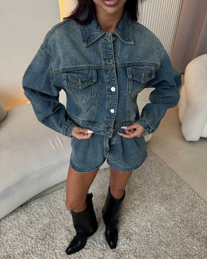 Damen Denimjacke Kurzärmelig Mit Shorts