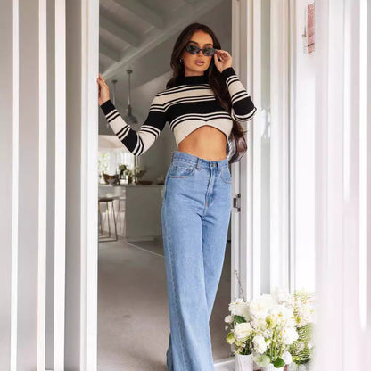 Damen Highwaist Jeans Weit Geschnitten Fransiger Saum
