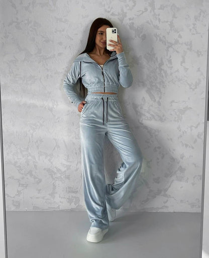 Damen Fleece-Set Cropped Oberteil Weite Hose