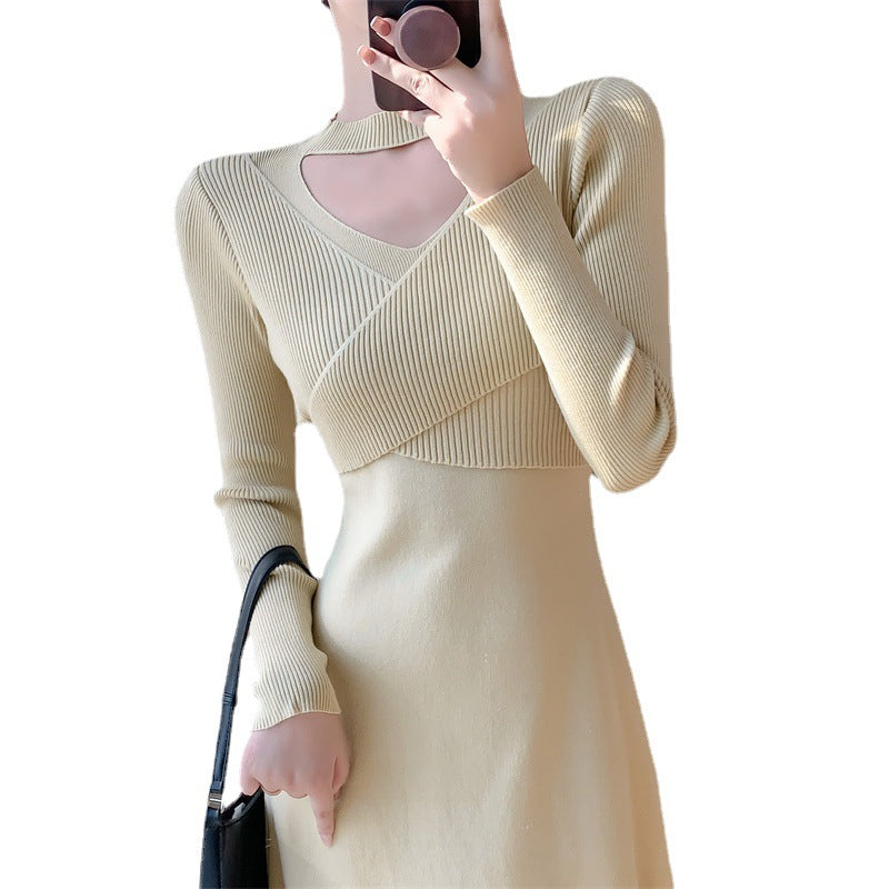 Damen Strickkleid Offene Schulter V-Ausschnitt Elegantes Design
