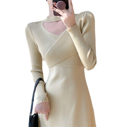 Damen Strickkleid Wickeldesign Cut-Out