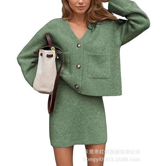 Damen Strickensemble V-Ausschnitt Knopfdetail Norvielle - Norvielle