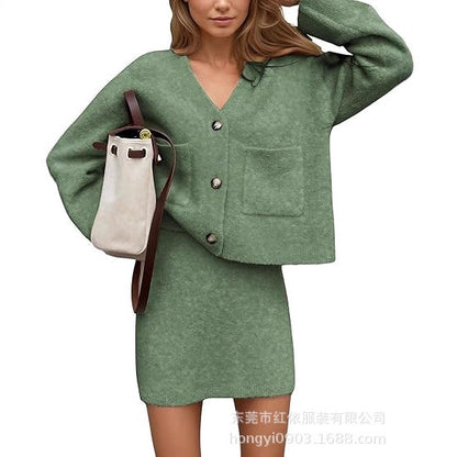 Damen Strickensemble V-Ausschnitt Knopfdetail Norvielle - Norvielle