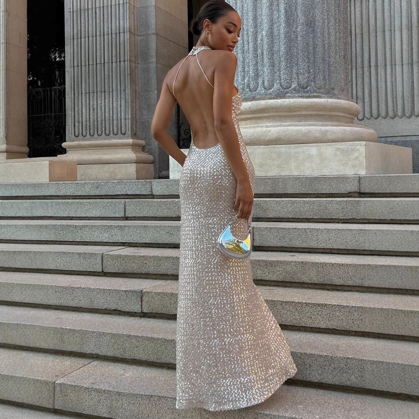 Damen Abendkleid Glitzernd Hochkragen Figurbetonter Schnitt