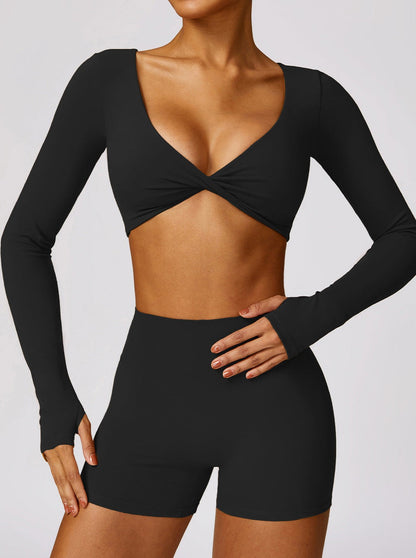 Livia Damen Langarm Crop Twist Detail