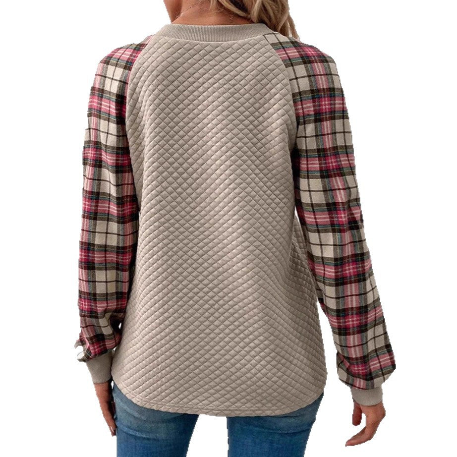 Damen Sweatshirt Gitterstruktur karierte Ärmel Norvielle