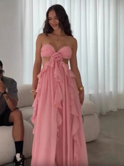 Damen Maxikleid Fließend Rüschendetails Blumenapplikation Norvielle