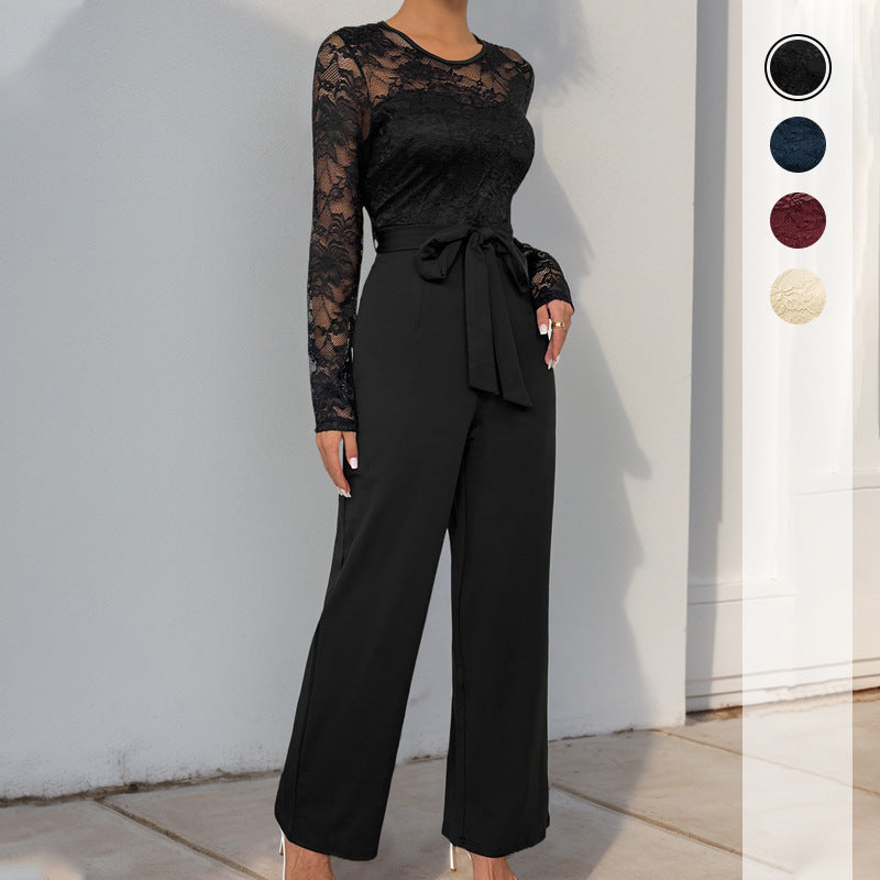 Damen Jumpsuit Spitzenoberteil Taillengürtel Norvielle - Norvielle