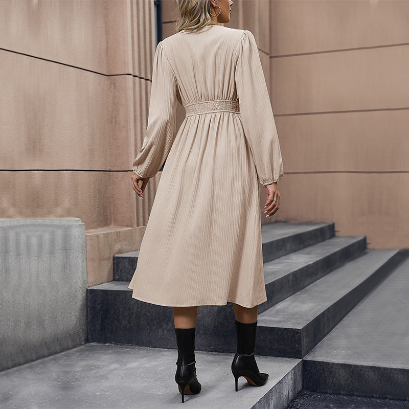 Damen Midikleid V-Ausschnitt Knöpfe