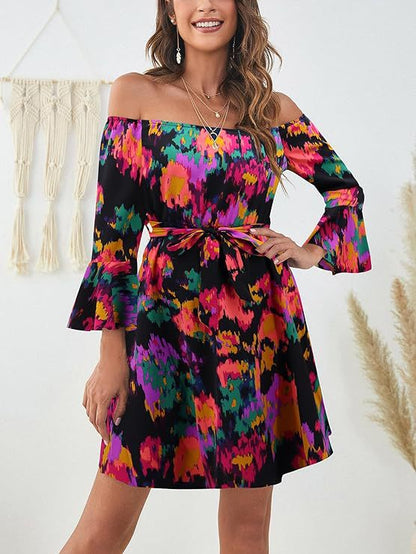 Damen Off-Shoulder-Kleid Bunt Muster
