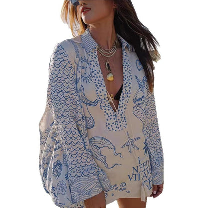 Damen Strandbluse Maritim Stickerei