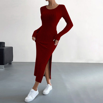Damen Strickmaxikleid Langärmlig Mit Seitenschlitz Beige